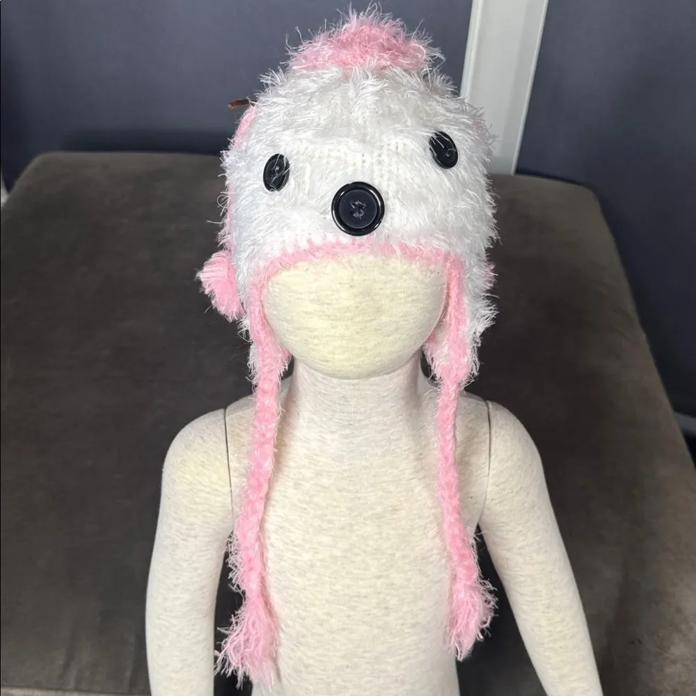 Daisy Baby Girls Infant White & Pink Feather Yarn Poodle Hat 6-12 months NEW